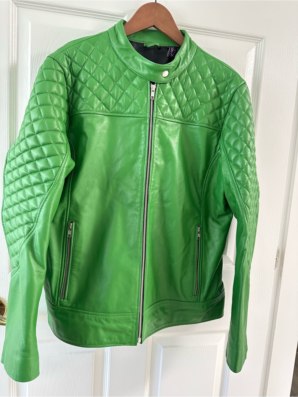 Hawkers Leather UK Green Diamond Quilted Cafe Racer Jacket - Men’s L Marked 3 XL